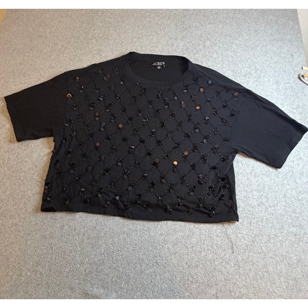 J.Crew Sequin Embellished Crop Top M Black Lattice Beaded Boxy Tee M